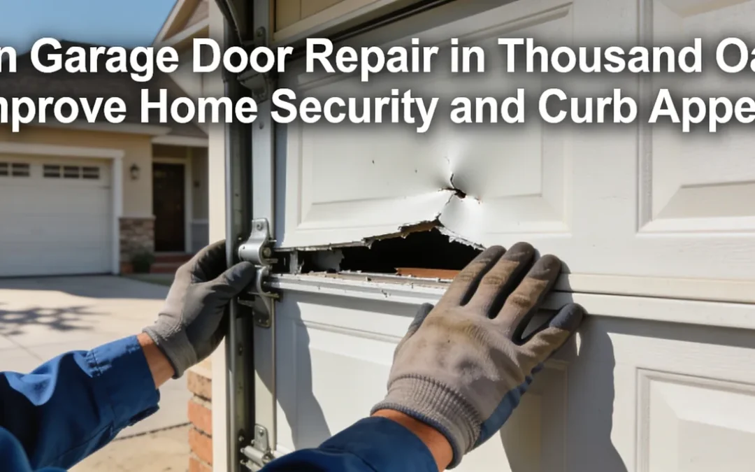 Garage door repair in Thousand Oaks, technician fixing damaged door with visible cracks, enhancing home