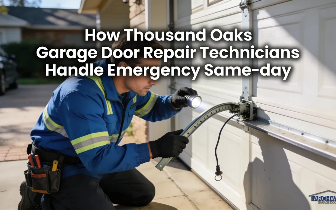 Archway technician inspecting garage door spring with flashlight, emergency repair in Thousand Oaks.