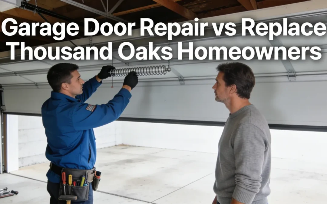 Technician demonstrating garage door spring repair to homeowner, emphasizing repair versus replacement for Thousand Oaks