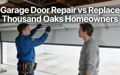 Garage door repair versus replacement for Thousand Oaks homeowners, Archway Garage Doors technician inspecting torsion